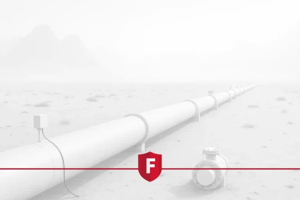 A fiber optic sensor system attached to a long oil or gas pipeline across a desert landscape.