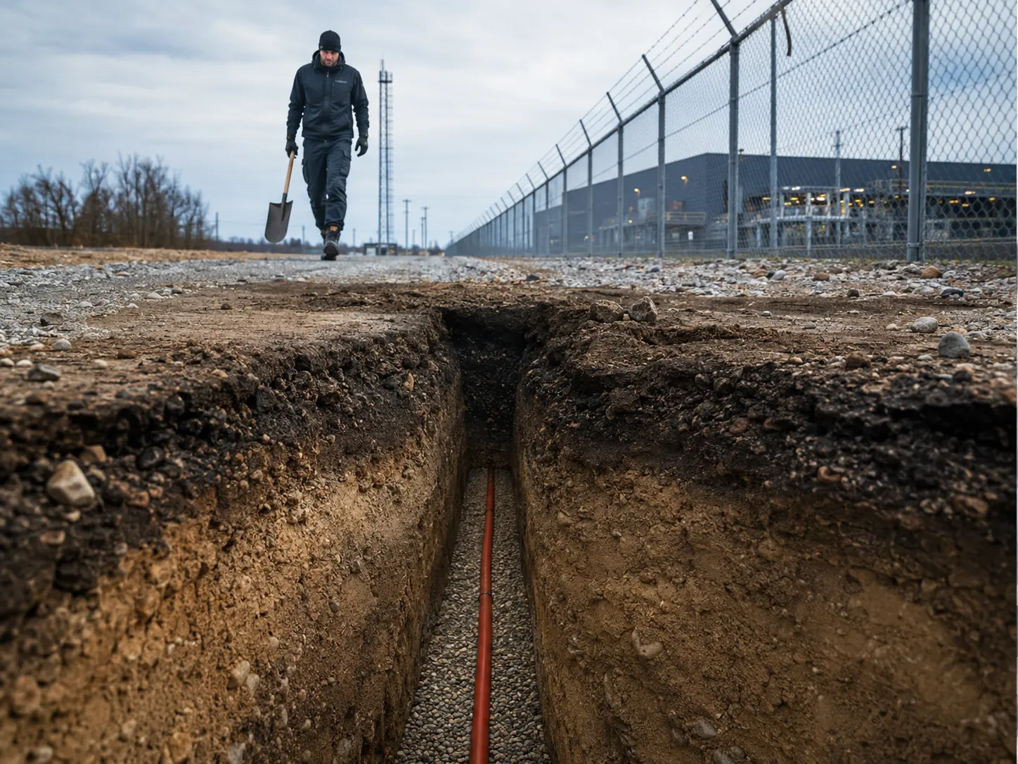 Buried FOTAS DAS sensing route with underground fiber optic cable detecting footsteps, digging and vehicle movement