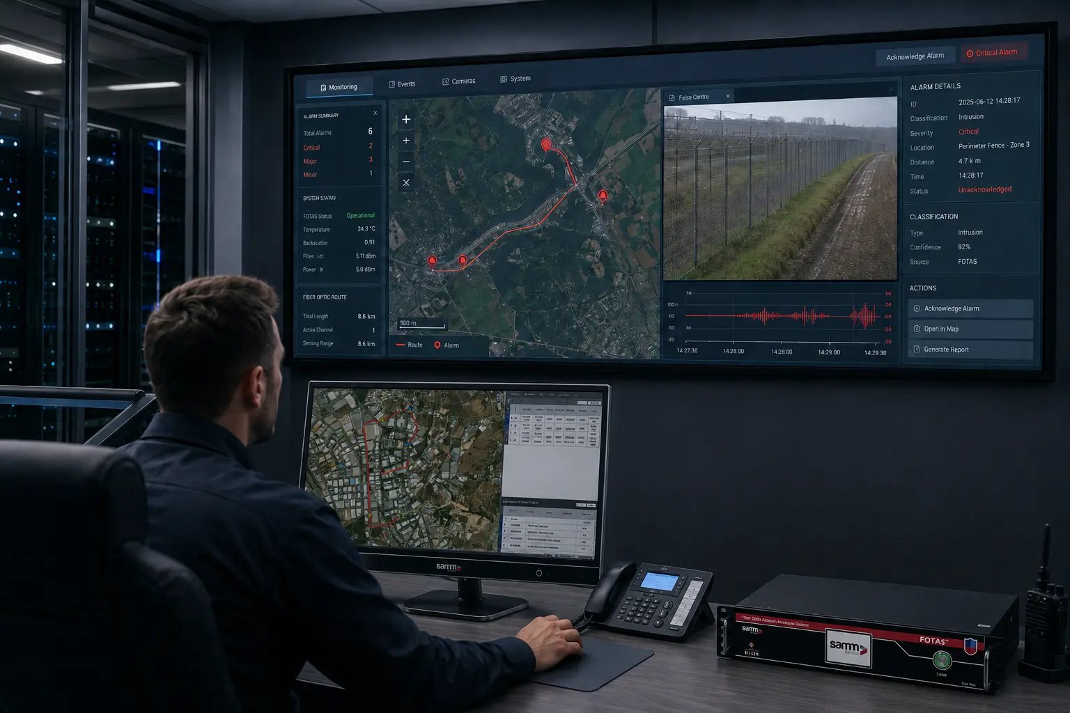 FOTAS DAS monitoring interface software displaying localized alarms, event classification and camera verification on the sensing route