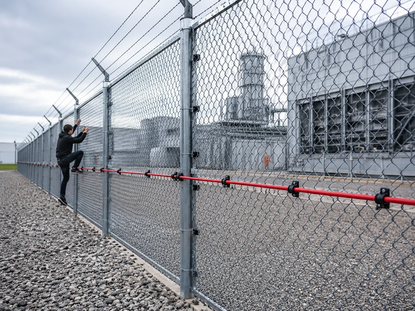 Fence-mounted FOTAS DAS installation with fiber optic sensing cable secured on a perimeter security fence