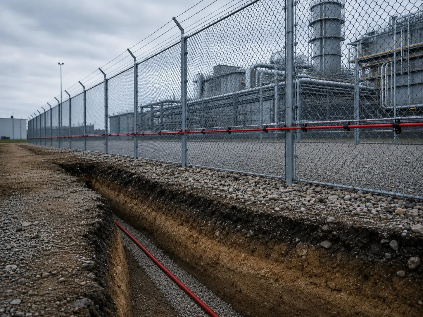 Hybrid FOTAS DAS installation combining fence-mounted and buried fiber optic sensing zones for layered perimeter protection