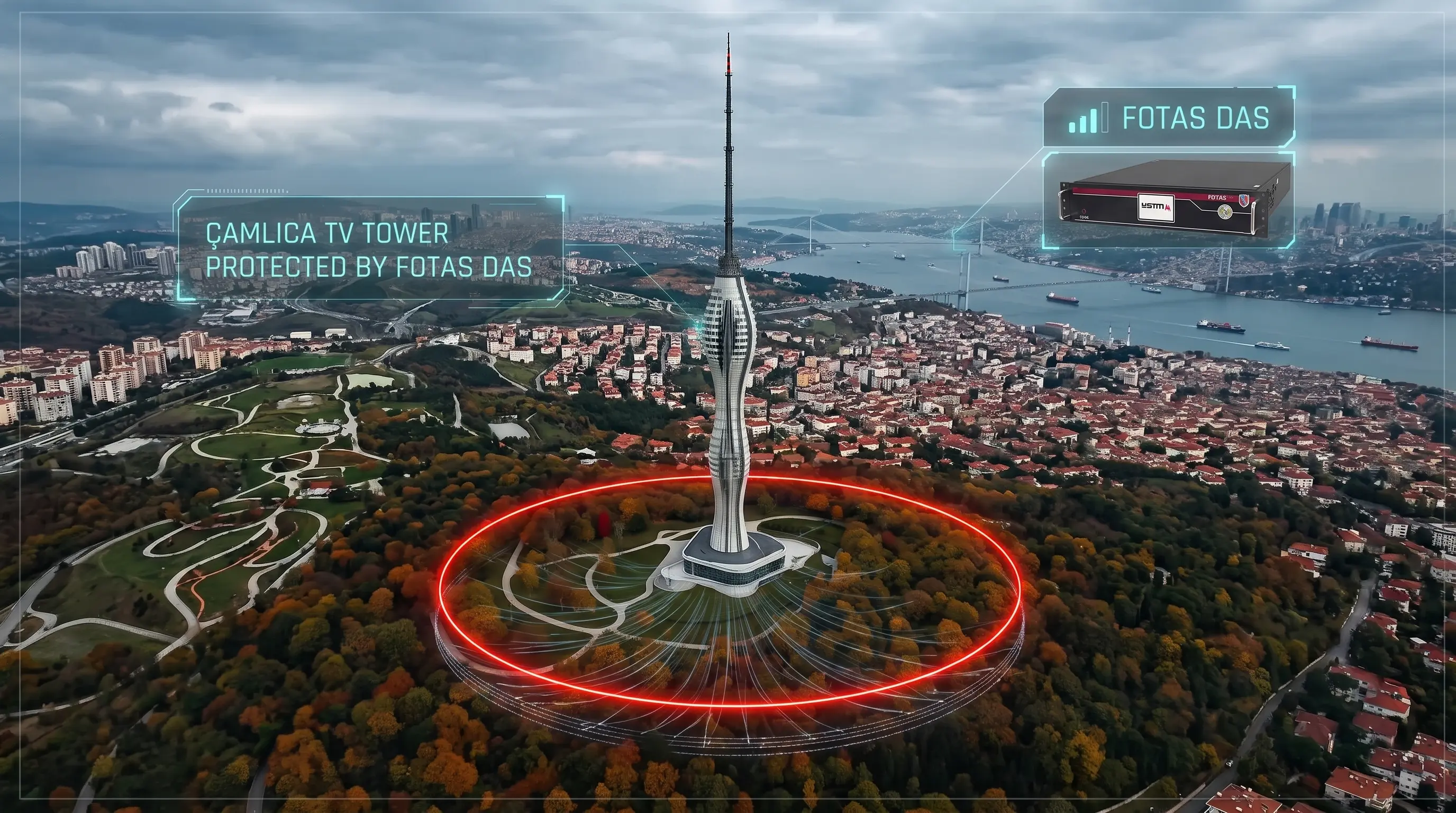Fence structure and fiber optic sensing line at Çamlıca Tower