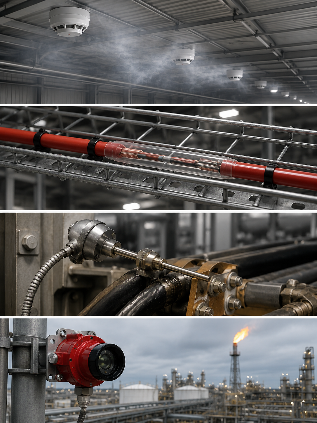 Conventional fire detection technologies: point smoke detector, traditional linear heat detection cable, point temperature sensor and flame detector