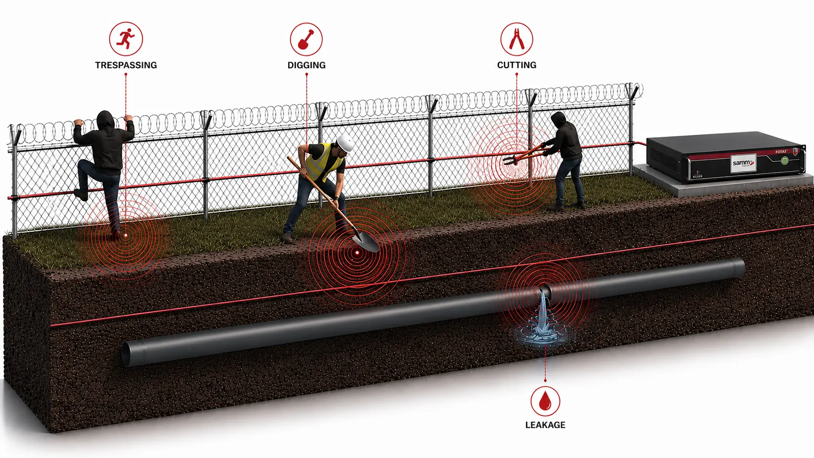 FOTAS DAS fiber optic sensing cable detecting trespassing, digging, fence cutting and pipeline leakage along a perimeter route