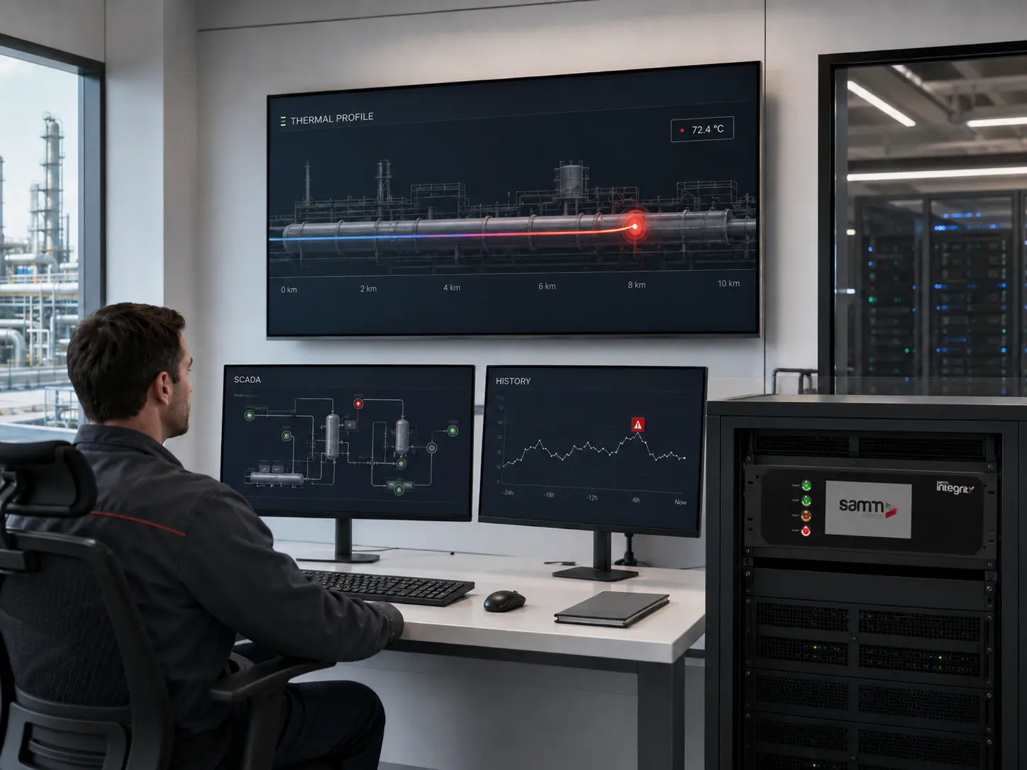 FOTAS INTEGRITY control room with thermal profile, SCADA and history displays