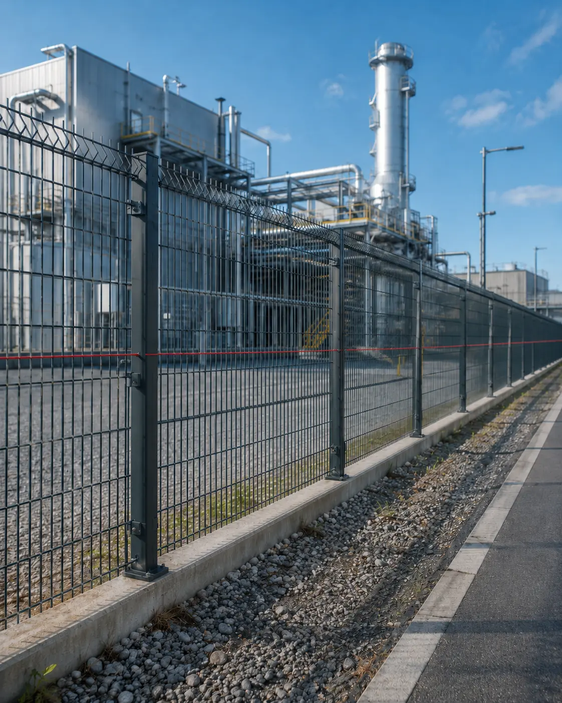 Industrial perimeter security with DAS fibre optic monitoring along the facility fence