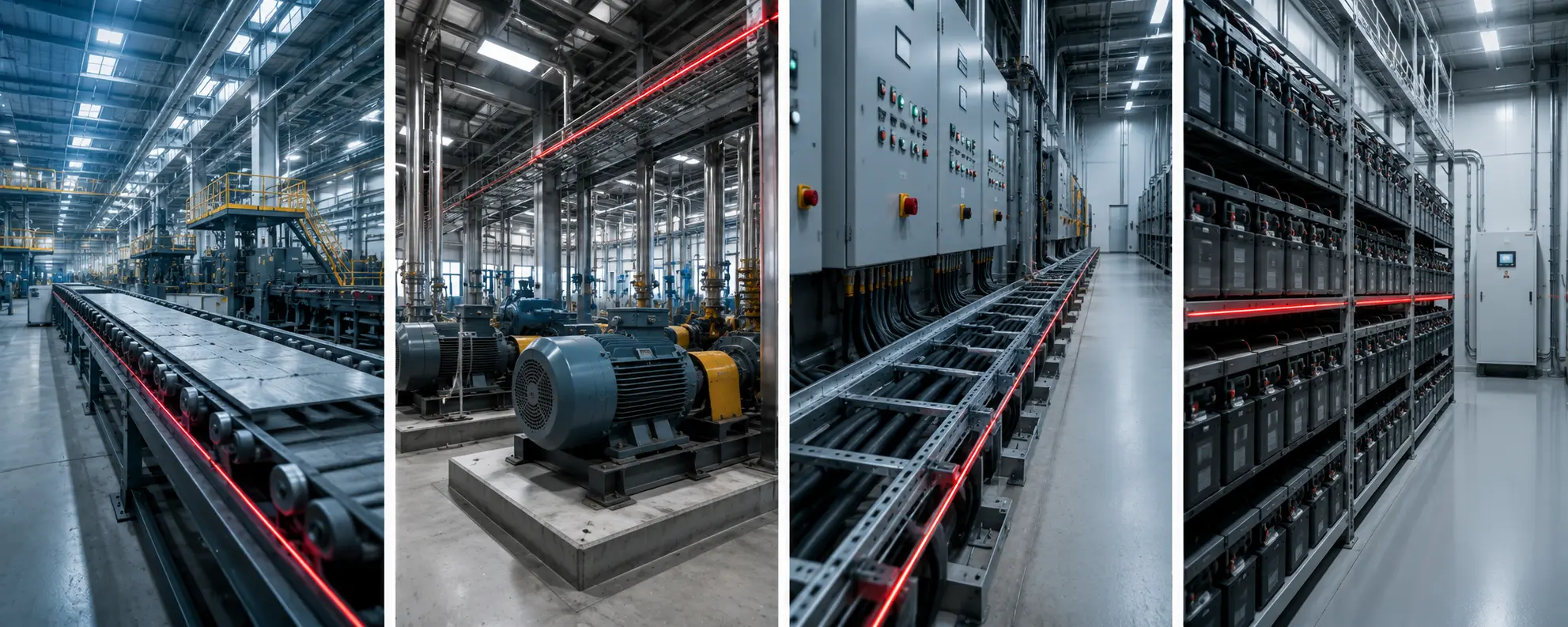 Four-panel industrial asset monitoring view showing a conveyor, rotating machinery, electrical cable routes and a battery room
