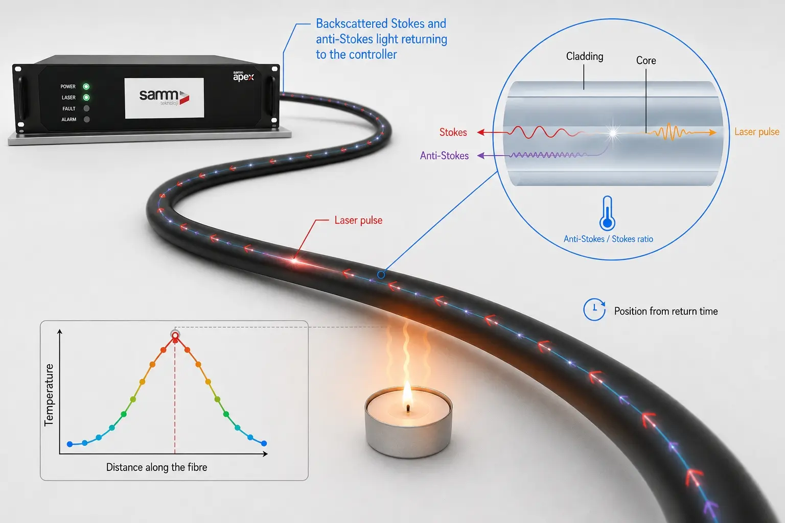 Raman distributed temperature sensing working principle: laser pulse, backscatter analysis and position calculation along the fiber