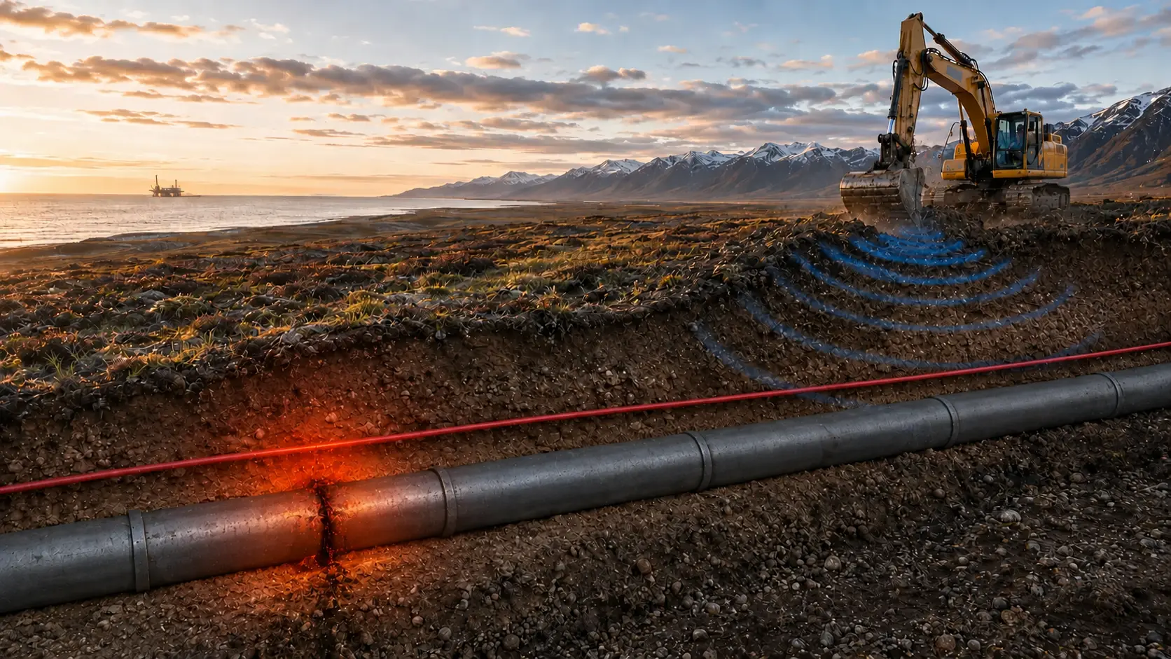 Cutaway view of DAS and DTS monitoring along a buried pipeline