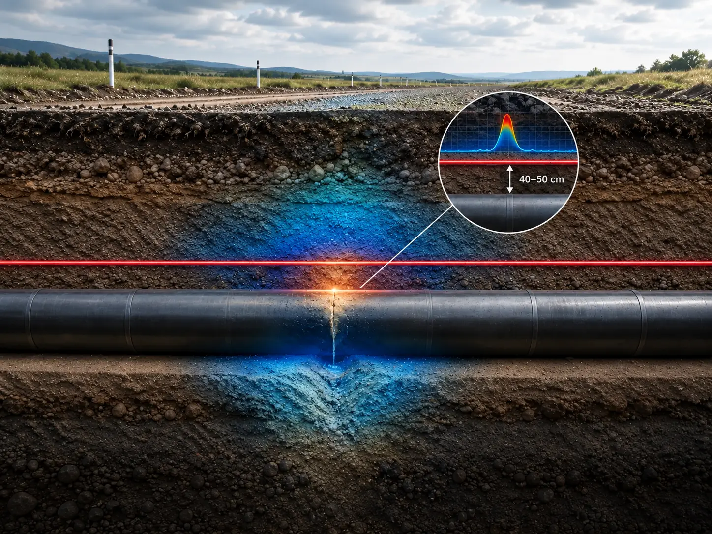 Cutaway view of DAS and DTS monitoring along a buried pipeline